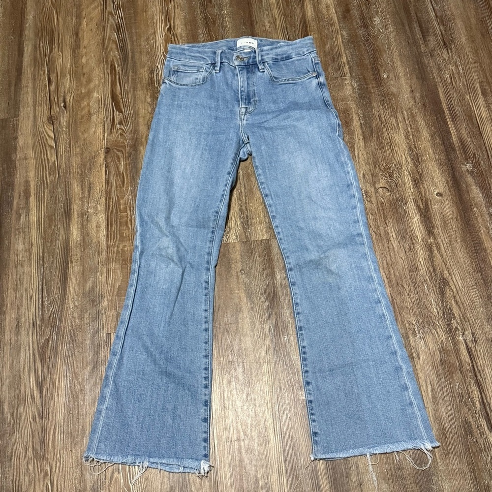 Frame Le Crop Mini Boot Jeans Women's 25 Frayed Hem Stretchy in Jonah Wash Denim
